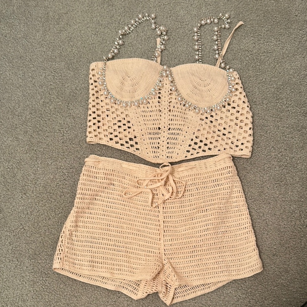 Beige Crochet Top and Shorts Set